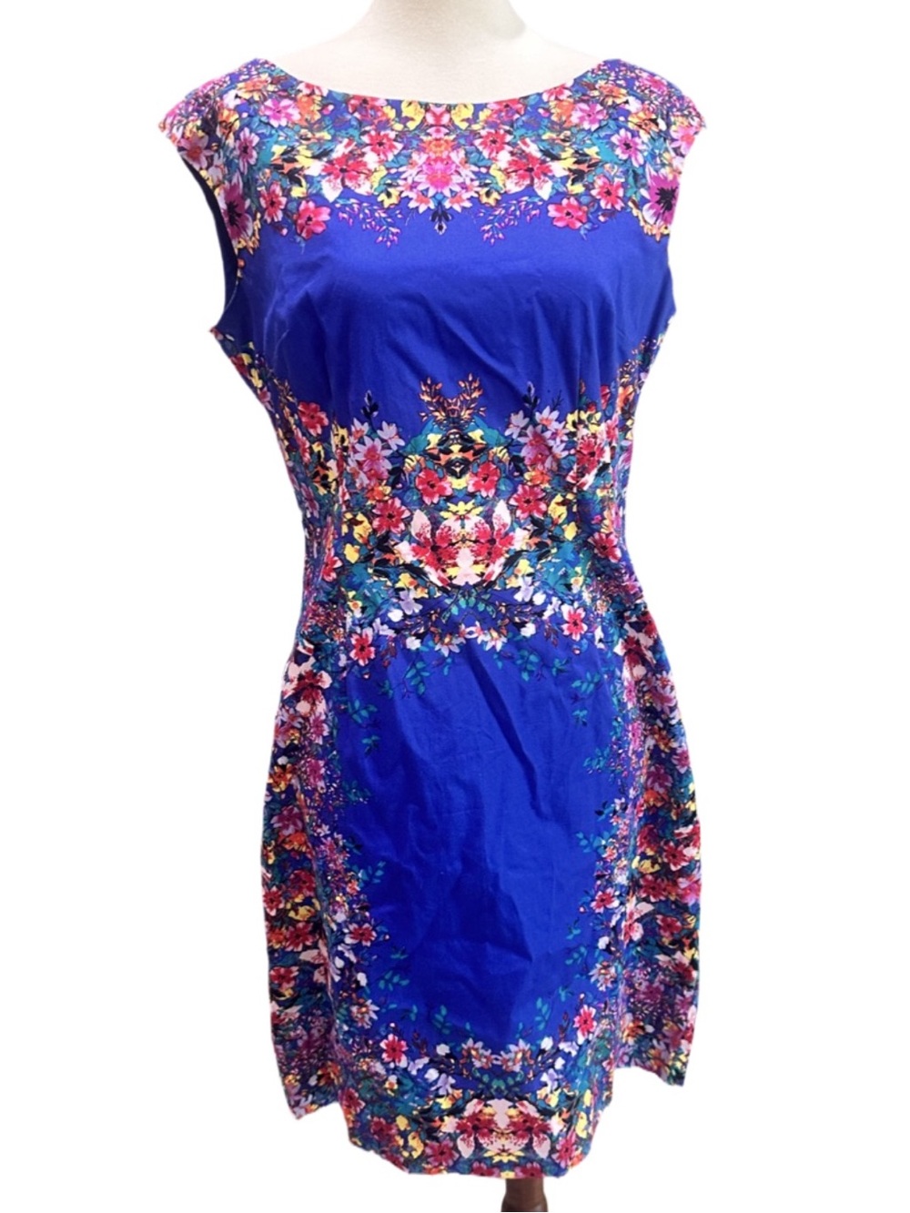 London Times cap sleeves Floral Scoop Neck Sheath Dress in Cobalt Blue Size 8